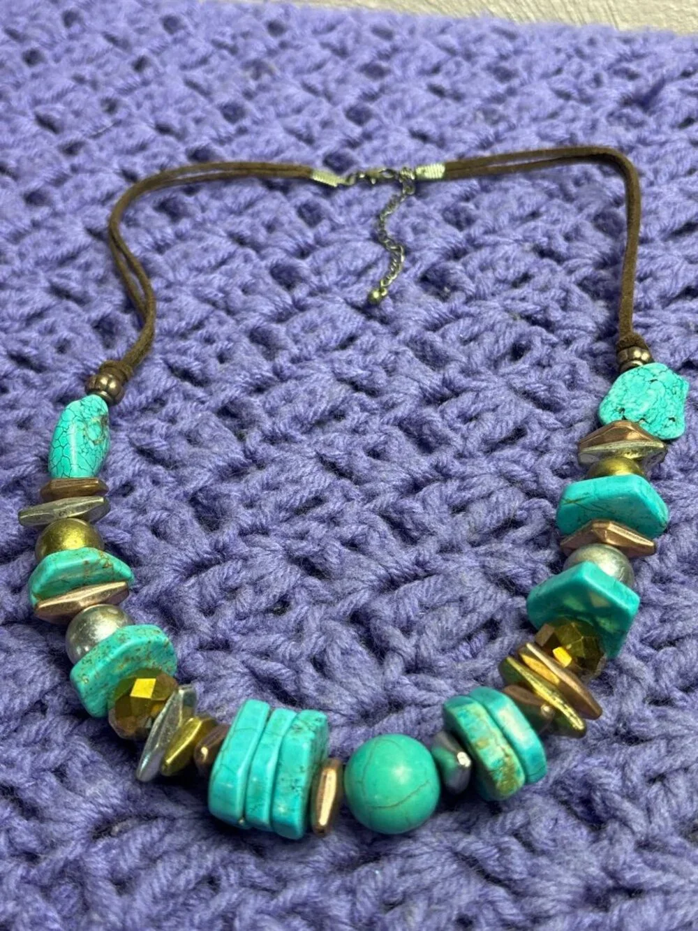 Dyed Howlite Stone Faux Turquoise 3 Tone Metal Beaded Suede Double Cord Necklace